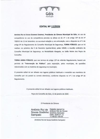 Reuni&atilde;o Ordin&aacute;ria do Conselho Municipal de Seguran&ccedil;a - Modalidade Alargada